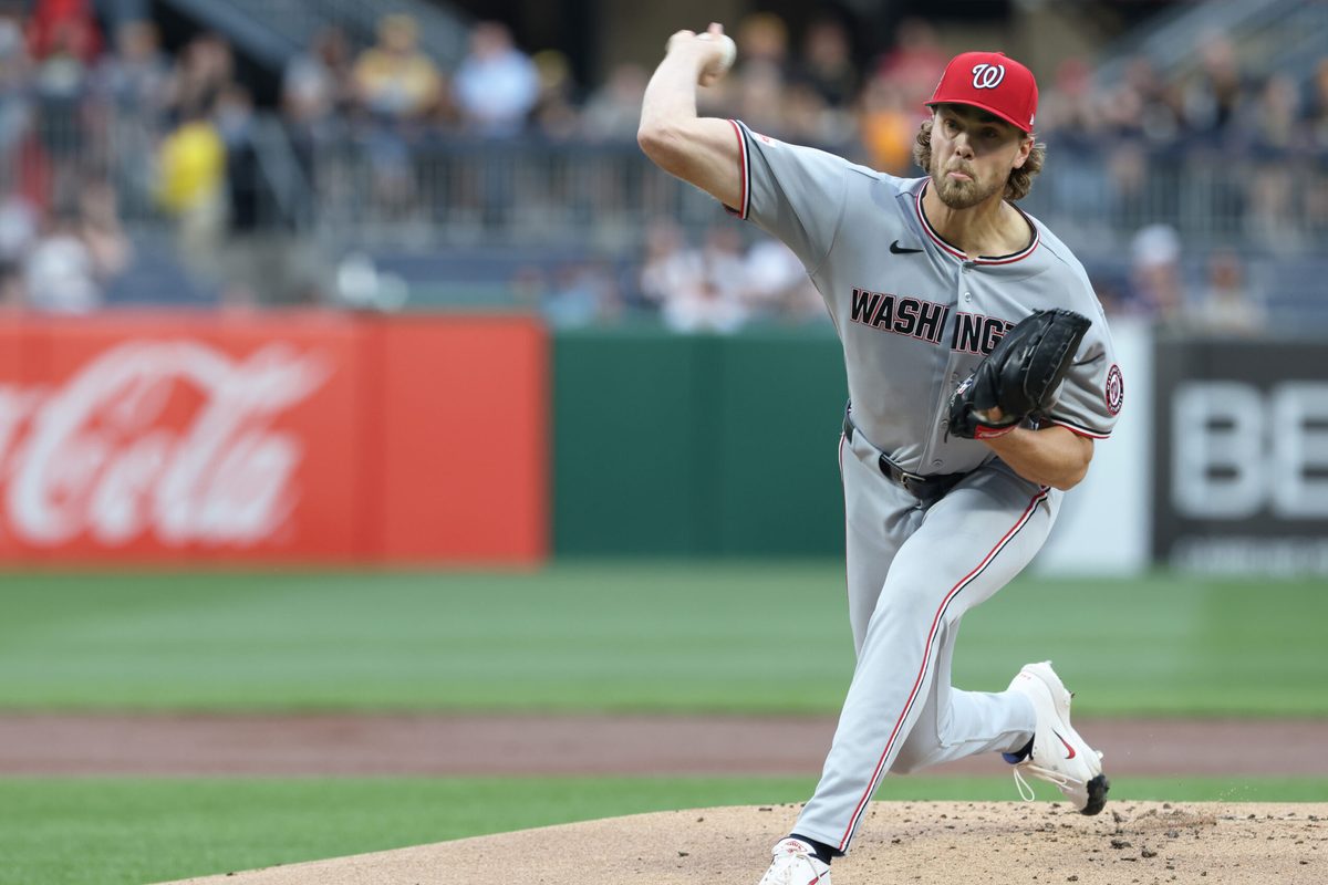 Apr 15, 2026; Pittsburgh, Pennsylvania, USA; Washington Nationals starting pitcher Jake Irvin (27) delivers pitch against the Pittsburgh Pirates during the first inning at PNC Park. Mandatory Credit: Charles LeClaire-Imagn Images