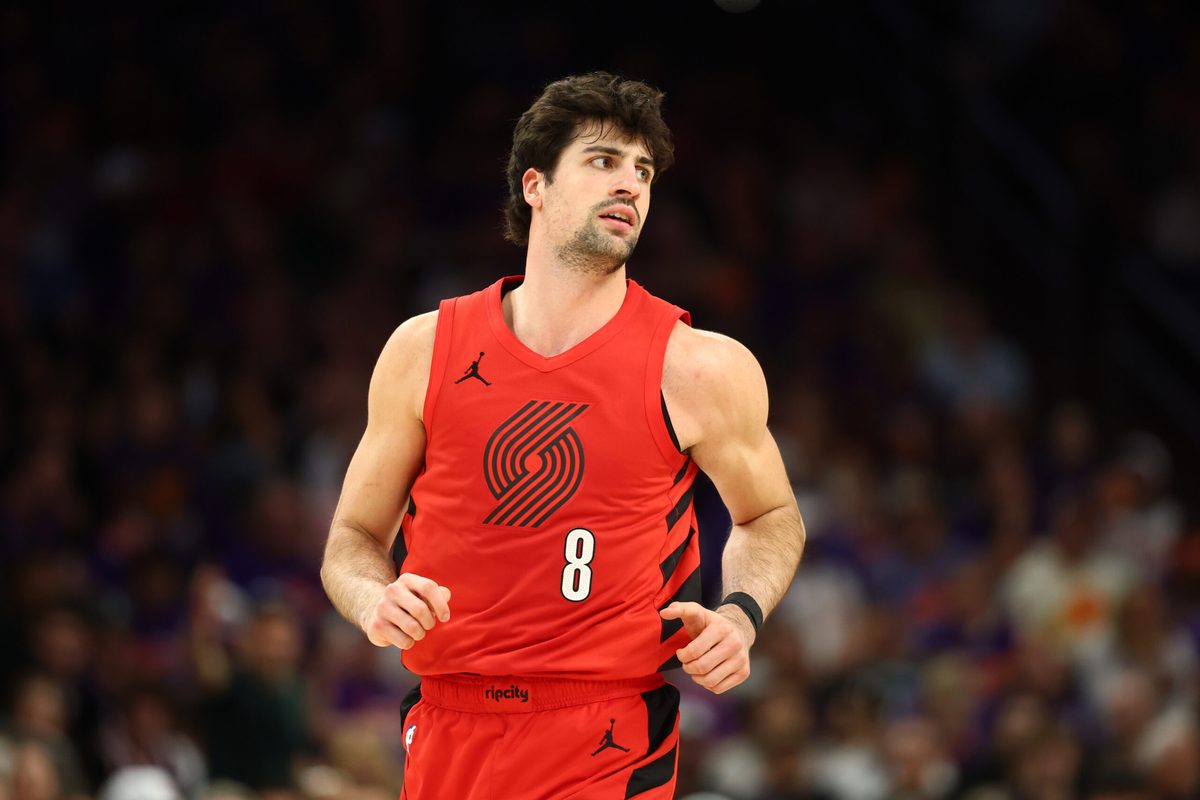 Apr 14, 2026; Phoenix, Arizona, USA; Portland Trail Blazers forward Deni Avdija (8) against the Phoenix Suns during the play-in rounds of the 2026 NBA Playoffs at Mortgage Matchup Center. Mandatory Credit: Mark J. Rebilas-Imagn Images