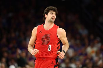 Apr 14, 2026; Phoenix, Arizona, USA; Portland Trail Blazers forward Deni Avdija (8) against the Phoenix Suns during the play-in rounds of the 2026 NBA Playoffs at Mortgage Matchup Center. Mandatory Credit: Mark J. Rebilas-Imagn Images