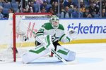 Apr 15, 2026; Buffalo, New York, USA; Dallas Stars goaltender Jake Oettinger (29) prepares to defend a shot in an overtime period against the Buffalo Sabres at KeyBank Center. Mandatory Credit: Mark Konezny-Imagn Images
