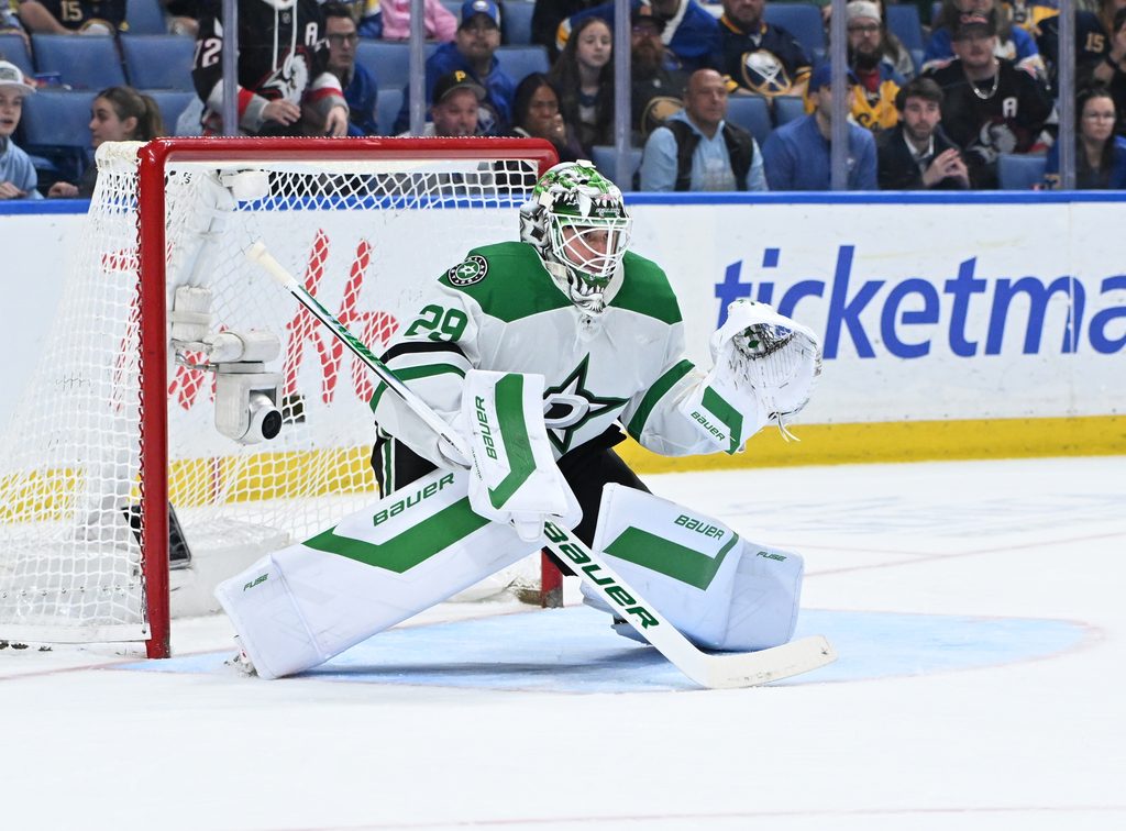Apr 15, 2026; Buffalo, New York, USA; Dallas Stars goaltender Jake Oettinger (29) prepares to defend a shot in an overtime period against the Buffalo Sabres at KeyBank Center. Mandatory Credit: Mark Konezny-Imagn Images