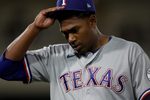 Apr 15, 2026; West Sacramento, California, USA; Texas Rangers starting pitcher Kumar Rocker (80) walks back towards the dugout after being removed from the game against the Athletics during the fifth inning at Sutter Health Park. Mandatory Credit: Dennis Lee-Imagn Images