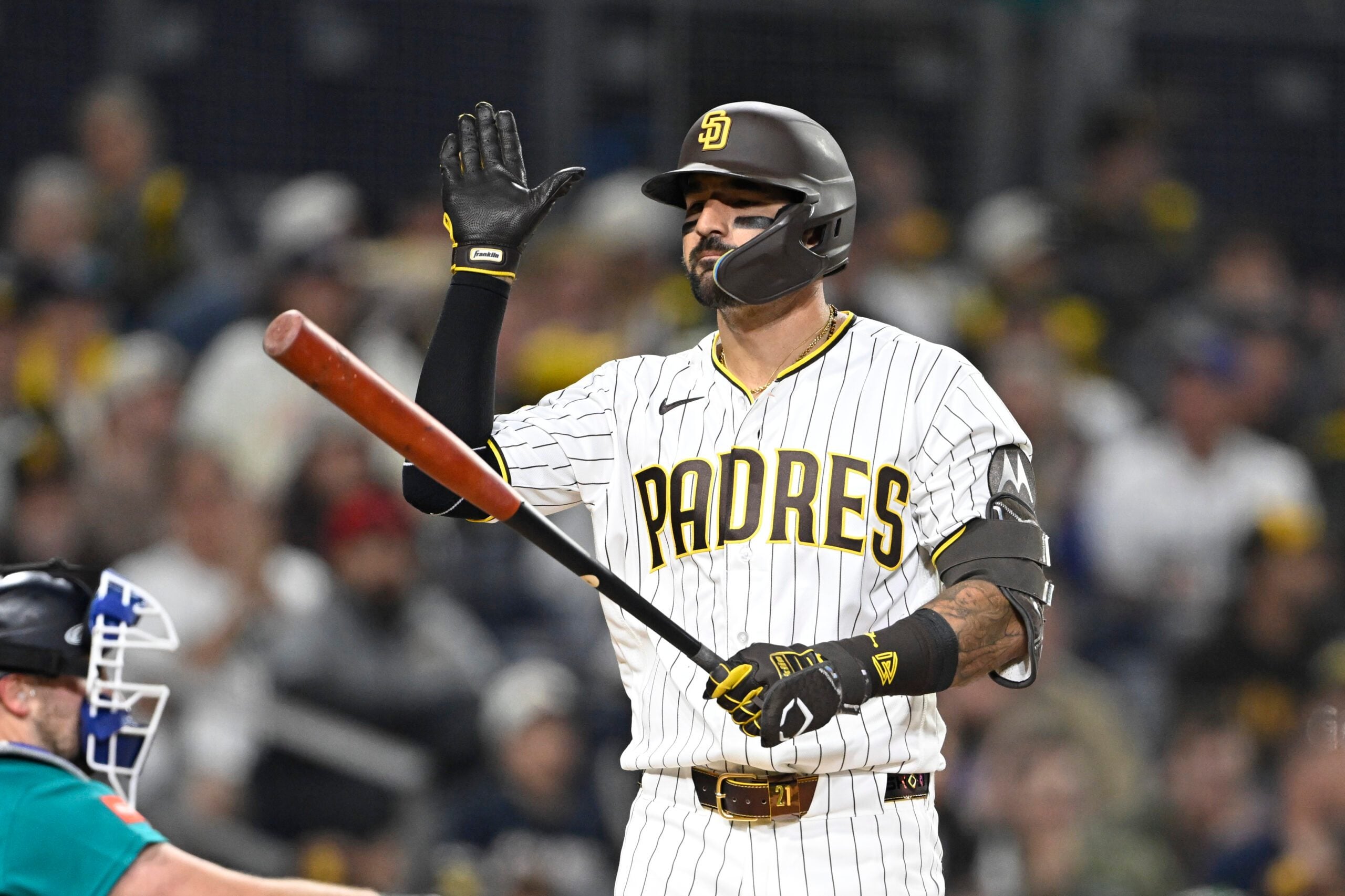 Apr 15, 2026; San Diego, California, USA; San Diego Padres right fielder Nick Castellanos reacts after striking out during the ninth inning against the Seattle Mariners at Petco Park. All MLB players are wearing number 42 today to honor Jackie Robinson. Mandatory Credit: Denis Poroy-Imagn Images