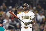 Apr 15, 2026; San Diego, California, USA; San Diego Padres right fielder Nick Castellanos reacts after striking out during the ninth inning against the Seattle Mariners at Petco Park. All MLB players are wearing number 42 today to honor Jackie Robinson. Mandatory Credit: Denis Poroy-Imagn Images