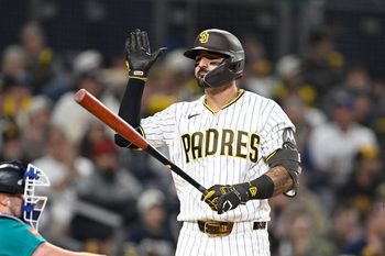 Apr 15, 2026; San Diego, California, USA; San Diego Padres right fielder Nick Castellanos reacts after striking out during the ninth inning against the Seattle Mariners at Petco Park. All MLB players are wearing number 42 today to honor Jackie Robinson. Mandatory Credit: Denis Poroy-Imagn Images