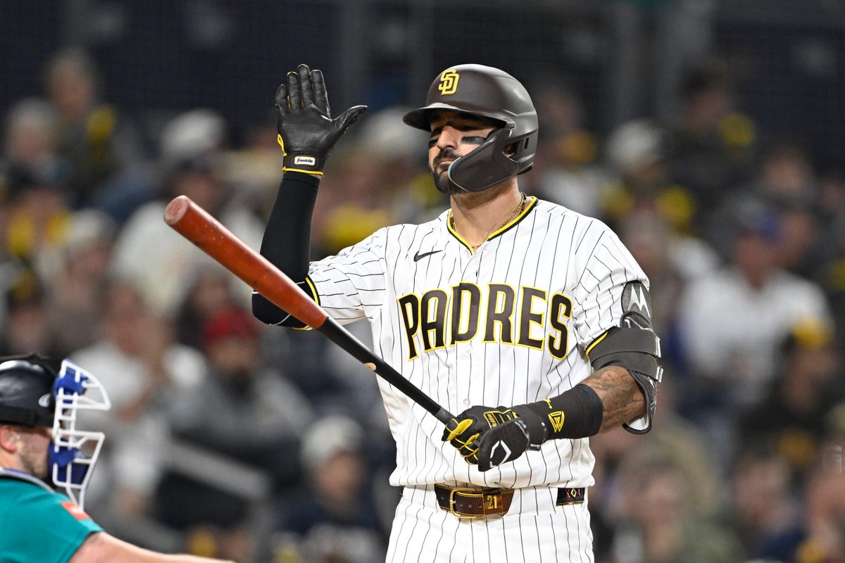 Apr 15, 2026; San Diego, California, USA; San Diego Padres right fielder Nick Castellanos reacts after striking out during the ninth inning against the Seattle Mariners at Petco Park. All MLB players are wearing number 42 today to honor Jackie Robinson. Mandatory Credit: Denis Poroy-Imagn Images