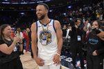 Apr 15, 2026; Inglewood, California, USA; Golden State Warriors guard Stephen Curry (30) smiles on the court after defeating the Los Angeles Clippers during the play-in rounds of the 2026 NBA Playoffs at Intuit Dome. Mandatory Credit: Jayne Kamin-Oncea-Imagn Images