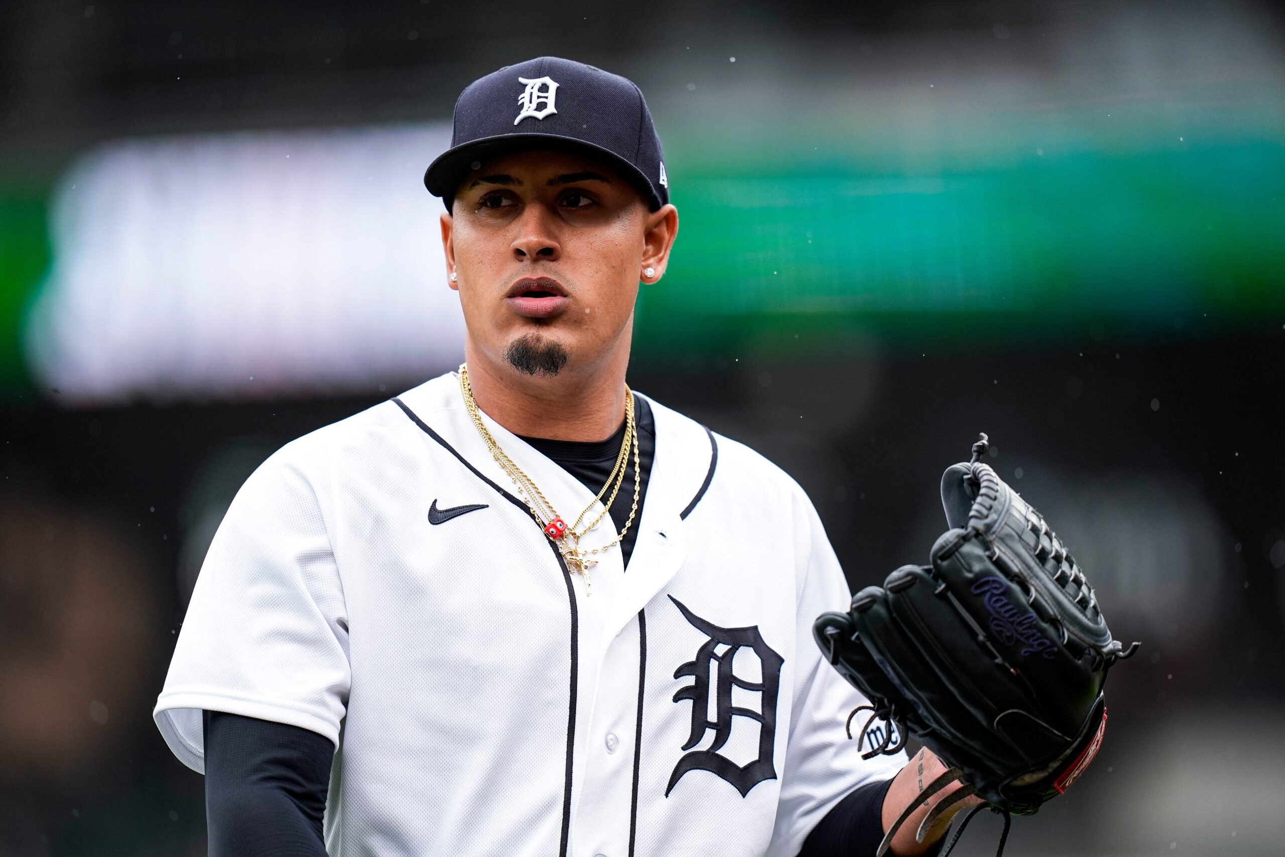 Detroit Tigers pitcher Keider Montero (54) walks off the field after throwing the first inning against Kansas City Royals at Comerica Park in Detroit on Thursday, April 16, 2026.
