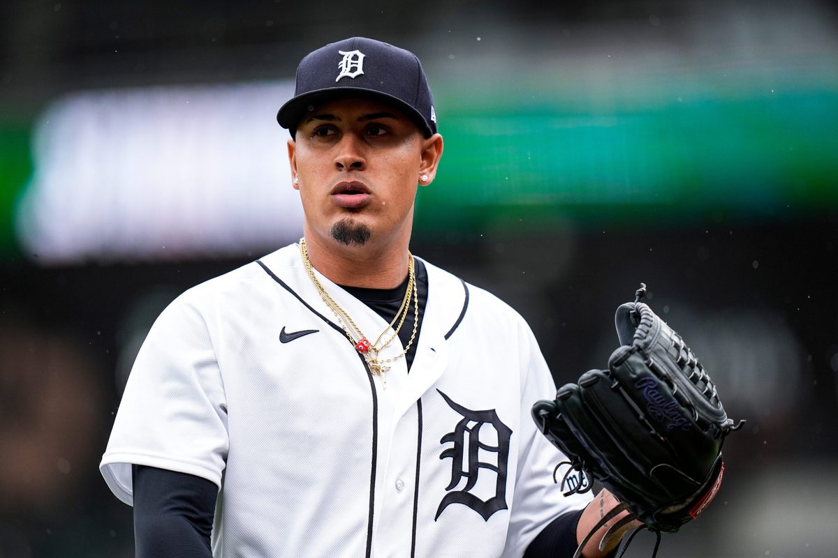 Detroit Tigers pitcher Keider Montero (54) walks off the field after throwing the first inning against Kansas City Royals at Comerica Park in Detroit on Thursday, April 16, 2026.