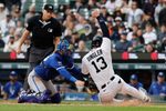 Apr 16, 2026; Detroit, Michigan, USA;  Kansas City Royals catcher Carter Jensen (22) tags Detroit Tigers catcher Dillon Dingler (13) out at home in the fourth inning at Comerica Park. Mandatory Credit: Rick Osentoski-Imagn Images