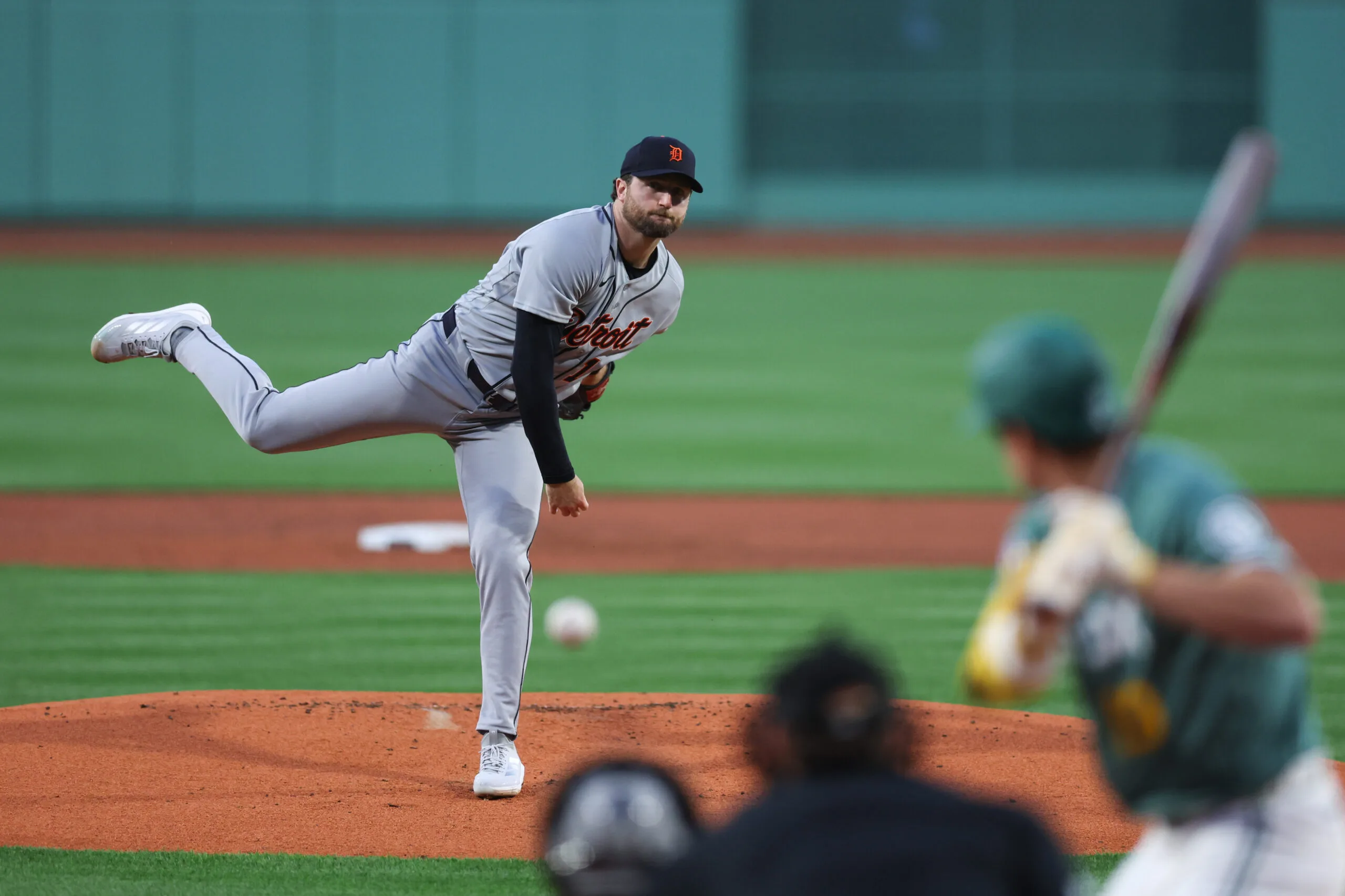 Apr 17, 2026; Boston, Massachusetts, USA; Detroit Tigers starting pitcher Casey Mize (12) delivers a pitch during the first inning against the Boston Red Sox at Fenway Park. Mandatory Credit: Paul Rutherford-Imagn Images