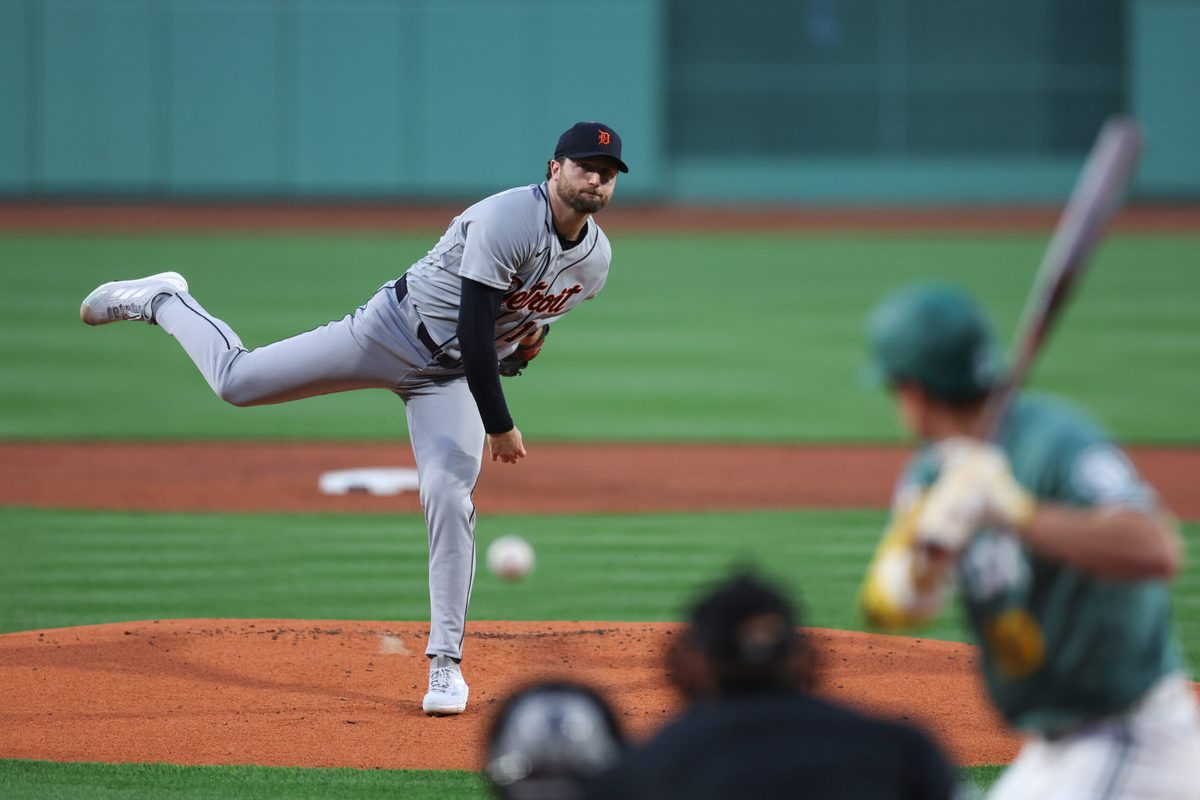 Apr 17, 2026; Boston, Massachusetts, USA; Detroit Tigers starting pitcher Casey Mize (12) delivers a pitch during the first inning against the Boston Red Sox at Fenway Park. Mandatory Credit: Paul Rutherford-Imagn Images