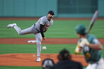Apr 17, 2026; Boston, Massachusetts, USA; Detroit Tigers starting pitcher Casey Mize (12) delivers a pitch during the first inning against the Boston Red Sox at Fenway Park. Mandatory Credit: Paul Rutherford-Imagn Images
