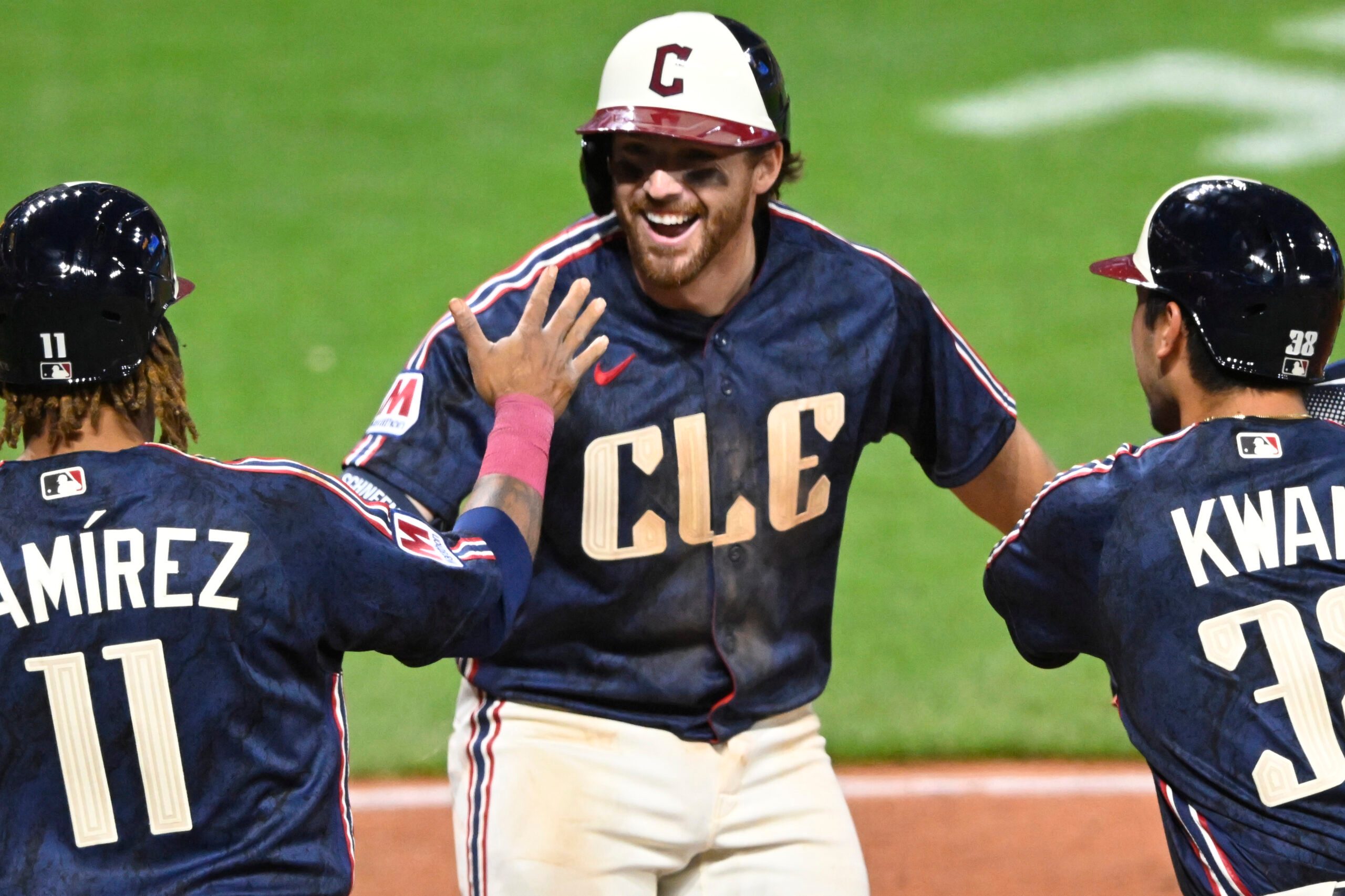 Apr 17, 2026; Cleveland, Ohio, USA; Cleveland Guardians shortstop Daniel Schneemann (10) celebrates his grand slam in the seventh inning against the Baltimore Orioles at Progressive Field. Mandatory Credit: David Richard-Imagn Images