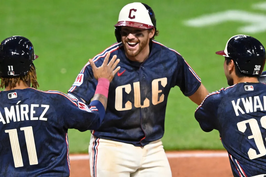 Apr 17, 2026; Cleveland, Ohio, USA; Cleveland Guardians shortstop Daniel Schneemann (10) celebrates his grand slam in the seventh inning against the Baltimore Orioles at Progressive Field. Mandatory Credit: David Richard-Imagn Images