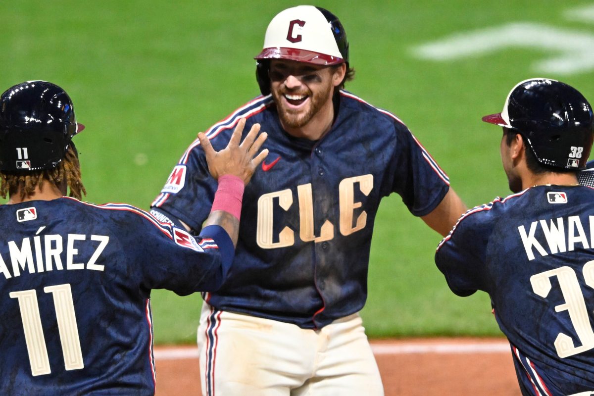 Apr 17, 2026; Cleveland, Ohio, USA; Cleveland Guardians shortstop Daniel Schneemann (10) celebrates his grand slam in the seventh inning against the Baltimore Orioles at Progressive Field. Mandatory Credit: David Richard-Imagn Images