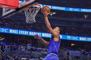 Apr 17, 2026; Orlando, Florida, USA; Orlando Magic guard Desmond Bane (3) goes to the basket during the second quarter against the Charlotte Hornets during the play-in rounds of the 2026 NBA Playoffs at Kia Center. Mandatory Credit: Mike Watters-Imagn Images