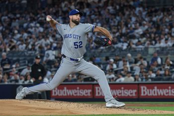 Apr 17, 2026; Bronx, New York, USA; Kansas City Royals pitcher Michael Wacha (52) delivers a pitch during the third inning against the New York Yankees at Yankee Stadium. Mandatory Credit: Vincent Carchietta-Imagn Images