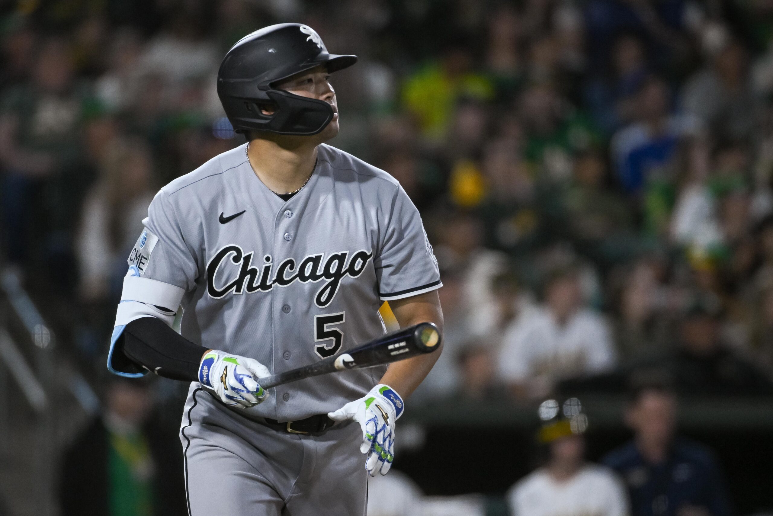 Apr 17, 2026; West Sacramento, California, USA; Chicago White Sox third baseman Munetaka Murakami (5) hits a grand slam against the Athletics during the seventh inning at Sutter Health Park. Mandatory Credit: Ed Szczepanski-Imagn Images
