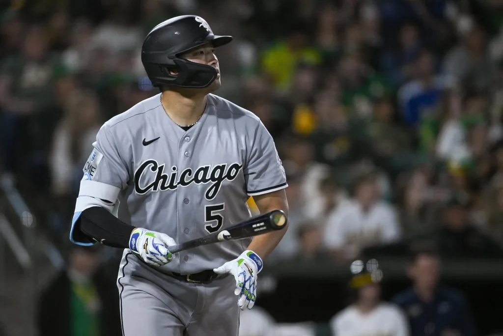 Apr 17, 2026; West Sacramento, California, USA; Chicago White Sox third baseman Munetaka Murakami (5) hits a grand slam against the Athletics during the seventh inning at Sutter Health Park. Mandatory Credit: Ed Szczepanski-Imagn Images
