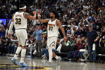 Apr 18, 2026; Denver, Colorado, USA; Denver Nuggets guard Jamal Murray (27) and forward Aaron Gordon (32) celebrate after a score during the second half against the Minnesota Timberwolves in game one of the first round of the 2026 NBA Playoffs at Ball Arena. Mandatory Credit: Christopher Hanewinckel-Imagn Images
