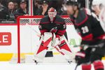 Apr 18, 2026; Raleigh, North Carolina, USA; Carolina Hurricanes goaltender Frederik Andersen (31) looks against the Ottawa Senators during the third period in game one of the first round of the 2026 Stanley Cup Playoffs at Lenovo Center. Mandatory Credit: James Guillory-Imagn Images