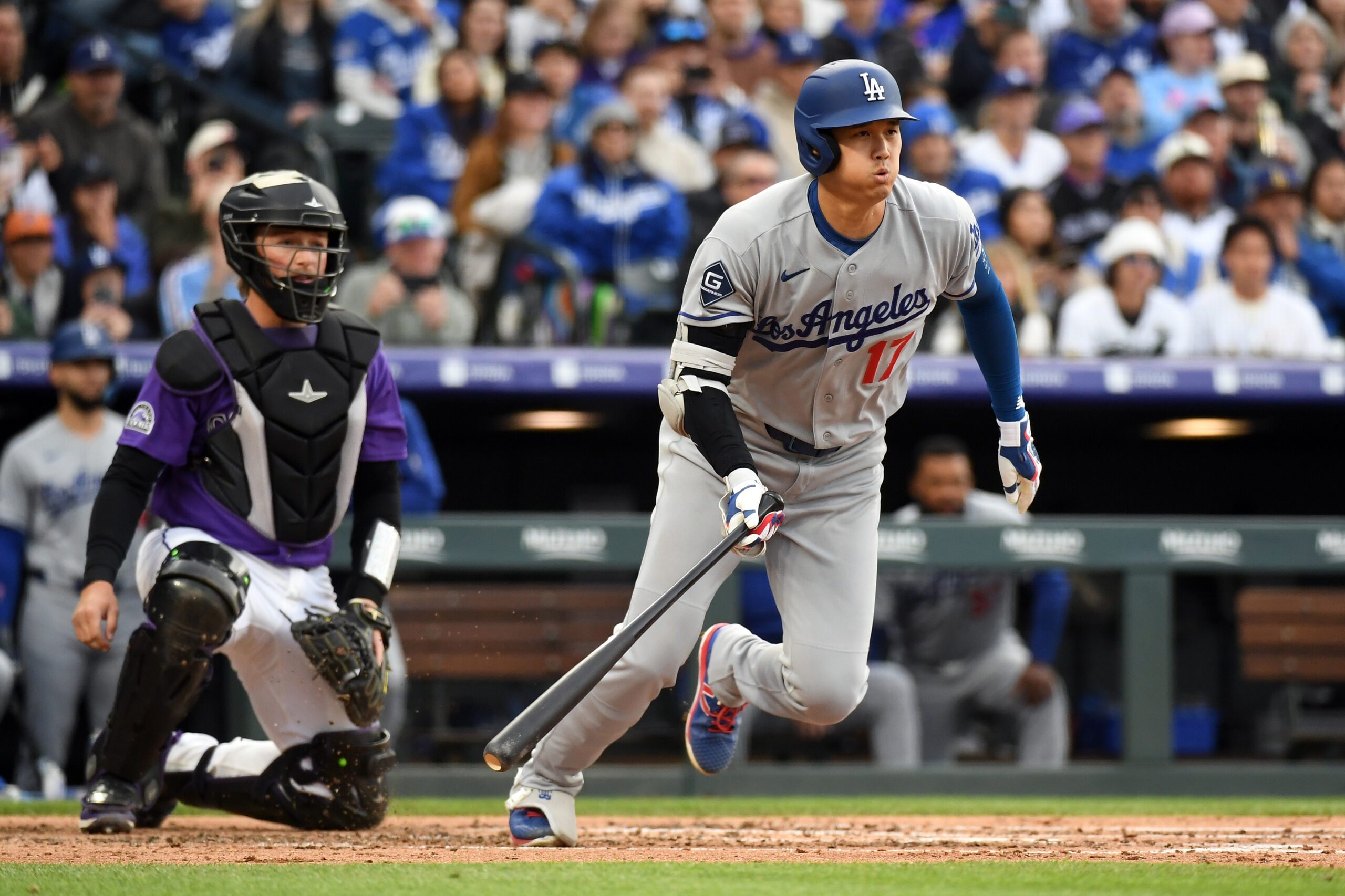 Apr 18, 2026; Denver, Colorado, USA; Los Angeles Dodgers designated hitter Shohei Ohtani (17) grounds out during the third inning against the Colorado Rockies at Coors Field. Mandatory Credit: Christopher Hanewinckel-Imagn Images