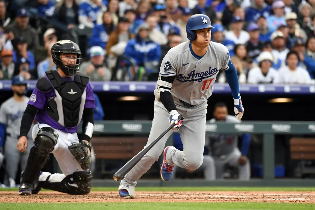 Apr 18, 2026; Denver, Colorado, USA; Los Angeles Dodgers designated hitter Shohei Ohtani (17) grounds out during the third inning against the Colorado Rockies at Coors Field. Mandatory Credit: Christopher Hanewinckel-Imagn Images