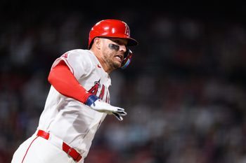 Apr 18, 2026; Anaheim, California, USA; Los Angeles Angels center fielder Mike Trout (27) runs after hitting a double during the sixth inning against the San Diego Padres at Angel Stadium. Mandatory Credit: William Liang-Imagn Images