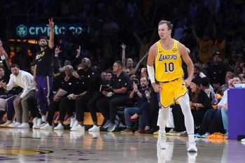 Apr 18, 2026; Los Angeles, California, USA; Los Angeles Lakers guard Luke Kennard (10) celebrates against the Houston Rockets in the second half during game one of the first round of the 2026 NBA Playoffs at Crypto.com Arena. Mandatory Credit: Kirby Lee-Imagn Images