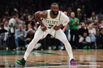 Apr 19, 2026; Boston, Massachusetts, USA; Boston Celtics guard Jaylen Brown (7) on defense in the second half during game one of the first round of the 2026 NBA Playoffs against the Philadelphia 76ers at TD Garden. Mandatory Credit: Bob DeChiara-Imagn Images