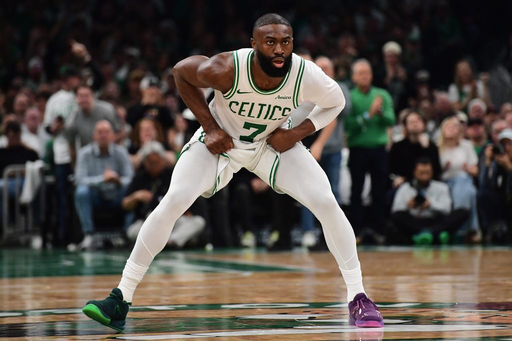 Apr 19, 2026; Boston, Massachusetts, USA; Boston Celtics guard Jaylen Brown (7) on defense in the second half during game one of the first round of the 2026 NBA Playoffs against the Philadelphia 76ers at TD Garden. Mandatory Credit: Bob DeChiara-Imagn Images