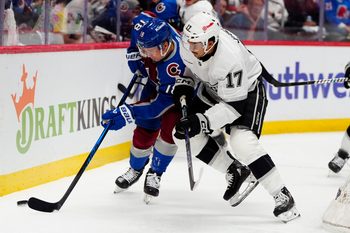 Apr 19, 2026; Denver, Colorado, USA; Los Angeles Kings right wing Mathieu Joseph (17) and Colorado Avalanche center Jack Drury (18) in the second period in game one of the first round of the 2026 Stanley Cup Playoffs at Ball Arena. Mandatory Credit: Ron Chenoy-Imagn Images