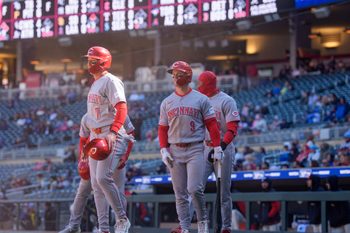 Apr 19, 2026; Minneapolis, Minnesota, USA; Cincinnati Reds left fielder Spencer Steer (7), Cincinnati Reds center fielder Dane Myers (17) and Cincinnati Reds left fielder Will Benson (30) against the Minnesota Twins in the ninth inning at Target Field. Mandatory Credit: Matt Blewett-Imagn Images