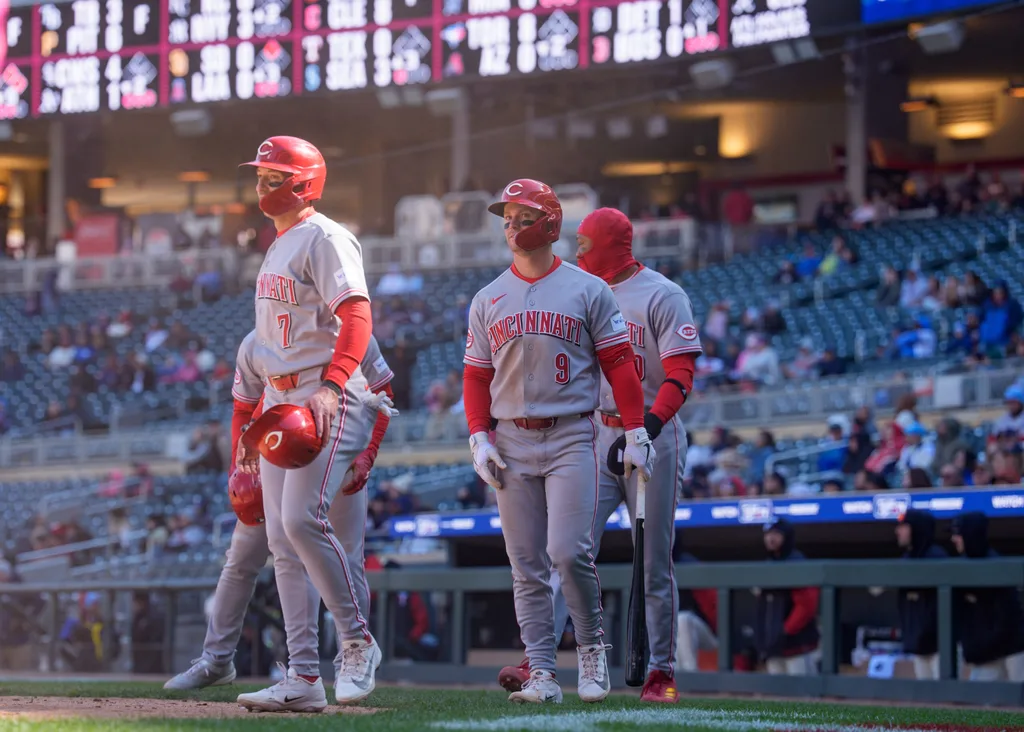 Apr 19, 2026; Minneapolis, Minnesota, USA; Cincinnati Reds left fielder Spencer Steer (7), Cincinnati Reds center fielder Dane Myers (17) and Cincinnati Reds left fielder Will Benson (30) against the Minnesota Twins in the ninth inning at Target Field. Mandatory Credit: Matt Blewett-Imagn Images