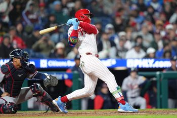 Apr 19, 2026; Philadelphia, Pennsylvania, USA; Philadelphia Phillies infielder Bryce Harper (3) hits a single against the Atlanta Braves in the third inning at Citizens Bank Park. Mandatory Credit: Kyle Ross-Imagn Images