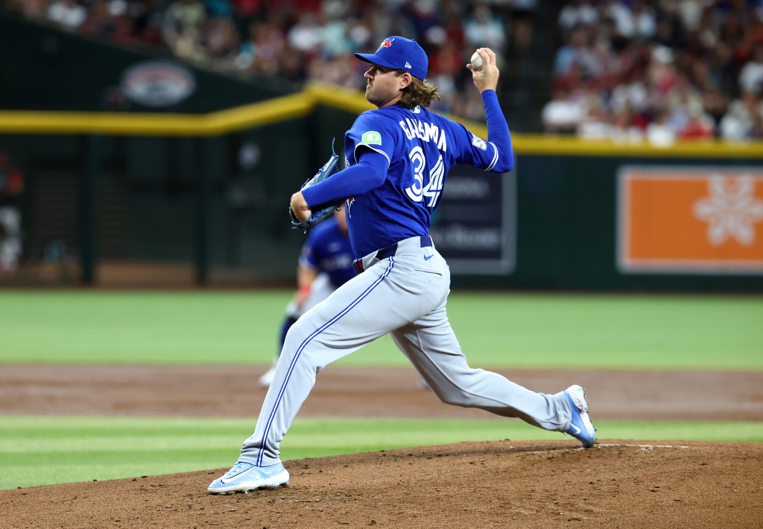 Apr 19, 2026; Phoenix, Arizona, USA; Toronto Blue Jays pitcher Kevin Gausman against the Arizona Diamondbacks at Chase Field. Mandatory Credit: Mark J. Rebilas-Imagn Images