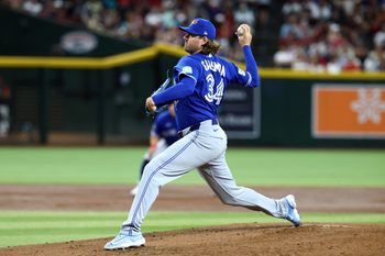 Apr 19, 2026; Phoenix, Arizona, USA; Toronto Blue Jays pitcher Kevin Gausman against the Arizona Diamondbacks at Chase Field. Mandatory Credit: Mark J. Rebilas-Imagn Images