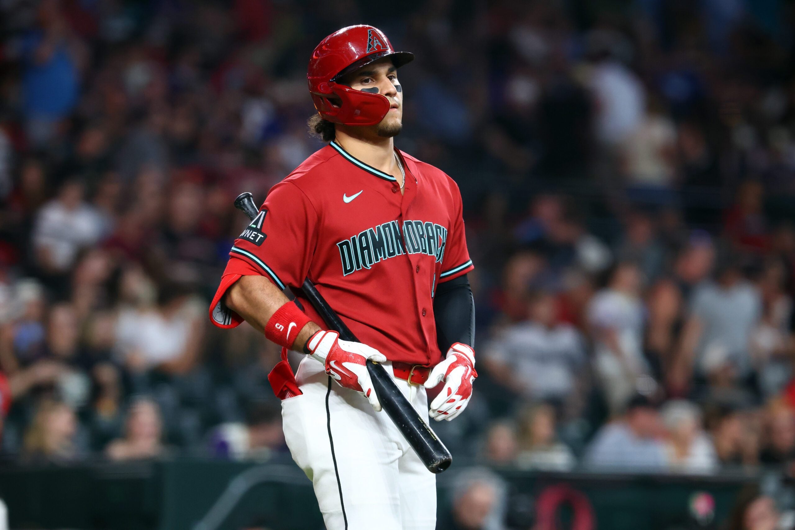Apr 19, 2026; Phoenix, Arizona, USA; Arizona Diamondbacks outfielder Alek Thomas against the Toronto Blue Jays at Chase Field. Mandatory Credit: Mark J. Rebilas-Imagn Images