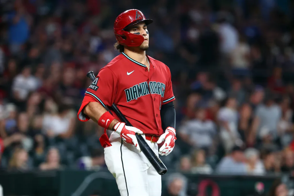 Apr 19, 2026; Phoenix, Arizona, USA; Arizona Diamondbacks outfielder Alek Thomas against the Toronto Blue Jays at Chase Field. Mandatory Credit: Mark J. Rebilas-Imagn Images