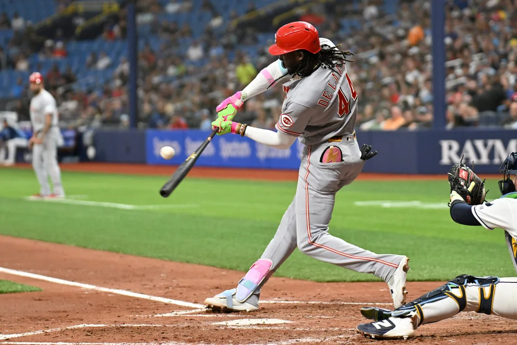 Apr 20, 2026; St. Petersburg, Florida, USA; Cincinnati Reds shortstop Elly De La Cruz (44) hits a RBI single in the third inning against the Tampa Bay Rays at Tropicana Field. Mandatory Credit: Jonathan Dyer-Imagn Images
