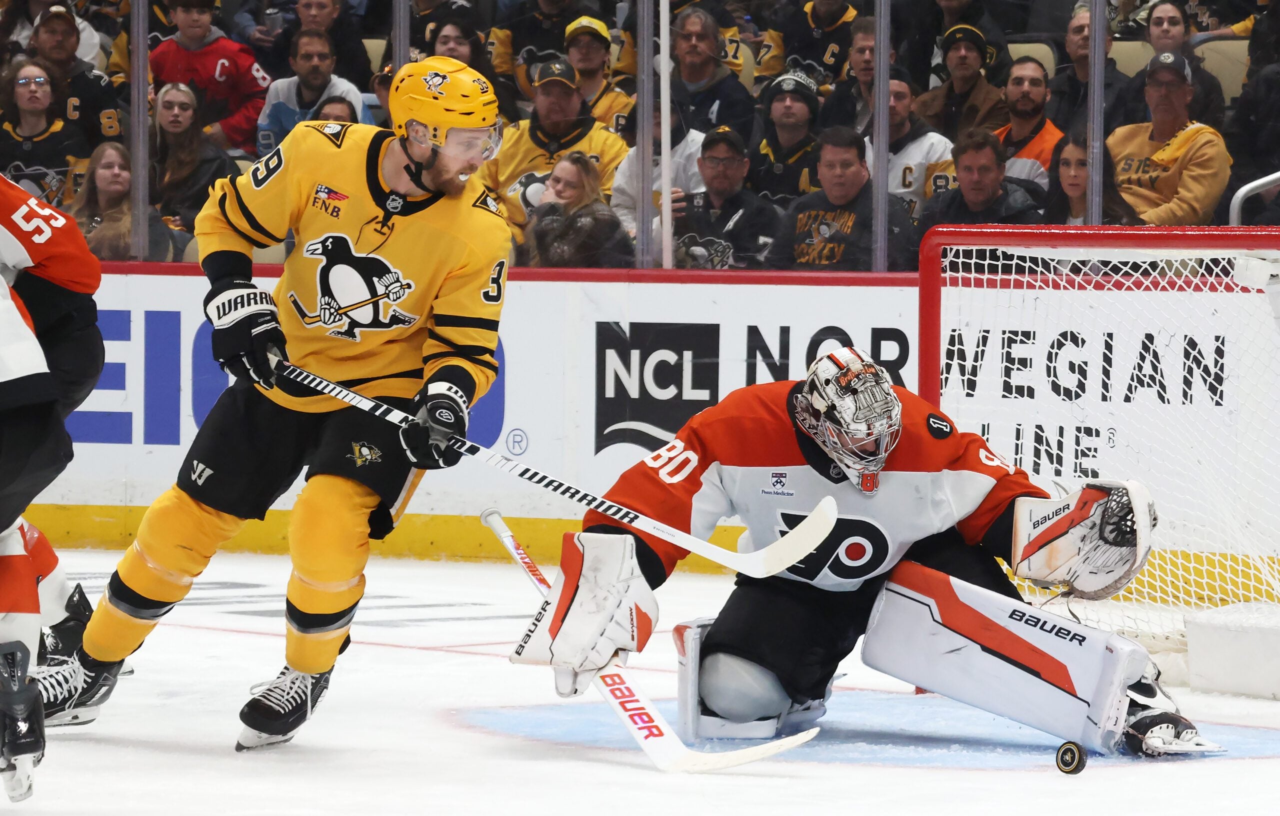 Apr 20, 2026; Pittsburgh, Pennsylvania, USA;  Philadelphia Flyers goaltender Dan Vladar (80) makes a save as Pittsburgh Penguins right wing Anthony Mantha (39) looks for a rebound during the third period in game two of the first round of the 2026 Stanley Cup Playoffs at PPG Paints Arena. Mandatory Credit: Charles LeClaire-Imagn Images