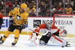 Apr 20, 2026; Pittsburgh, Pennsylvania, USA;  Philadelphia Flyers goaltender Dan Vladar (80) makes a save as Pittsburgh Penguins right wing Anthony Mantha (39) looks for a rebound during the third period in game two of the first round of the 2026 Stanley Cup Playoffs at PPG Paints Arena. Mandatory Credit: Charles LeClaire-Imagn Images