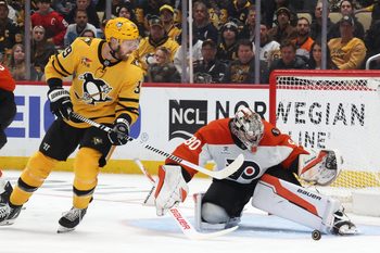 Apr 20, 2026; Pittsburgh, Pennsylvania, USA;  Philadelphia Flyers goaltender Dan Vladar (80) makes a save as Pittsburgh Penguins right wing Anthony Mantha (39) looks for a rebound during the third period in game two of the first round of the 2026 Stanley Cup Playoffs at PPG Paints Arena. Mandatory Credit: Charles LeClaire-Imagn Images