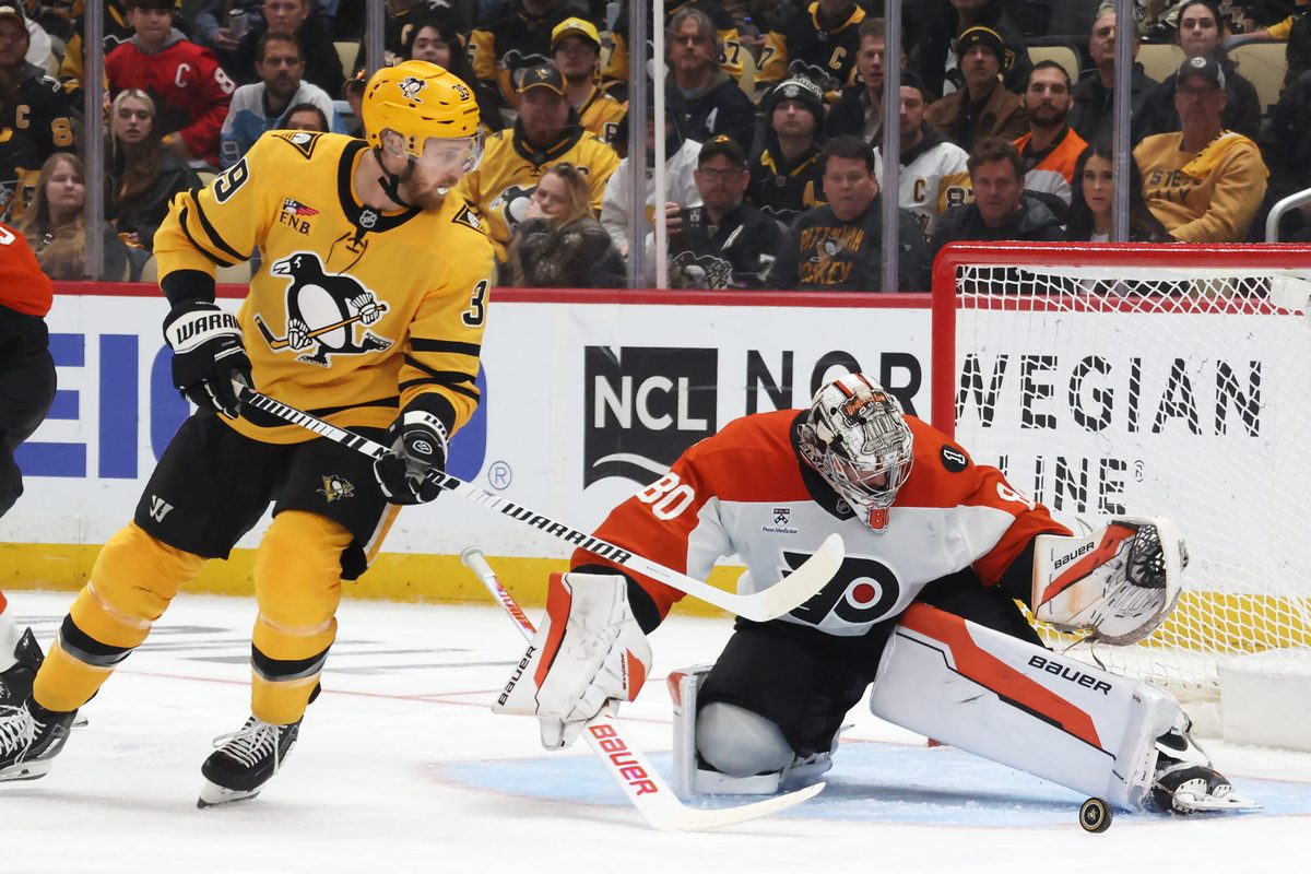 Apr 20, 2026; Pittsburgh, Pennsylvania, USA; Philadelphia Flyers goaltender Dan Vladar (80) makes a save as Pittsburgh Penguins right wing Anthony Mantha (39) looks for a rebound during the third period in game two of the first round of the 2026 Stanley Cup Playoffs at PPG Paints Arena. Mandatory Credit: Charles LeClaire-Imagn Images