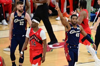 Apr 20, 2026; Cleveland, Ohio, USA; Cleveland Cavaliers guard Donovan Mitchell (45) reacts during the second half during game two of the first round of the 2026 NBA Playoffs against the Toronto Raptors at Rocket Arena. Mandatory Credit: David Dermer-Imagn Images