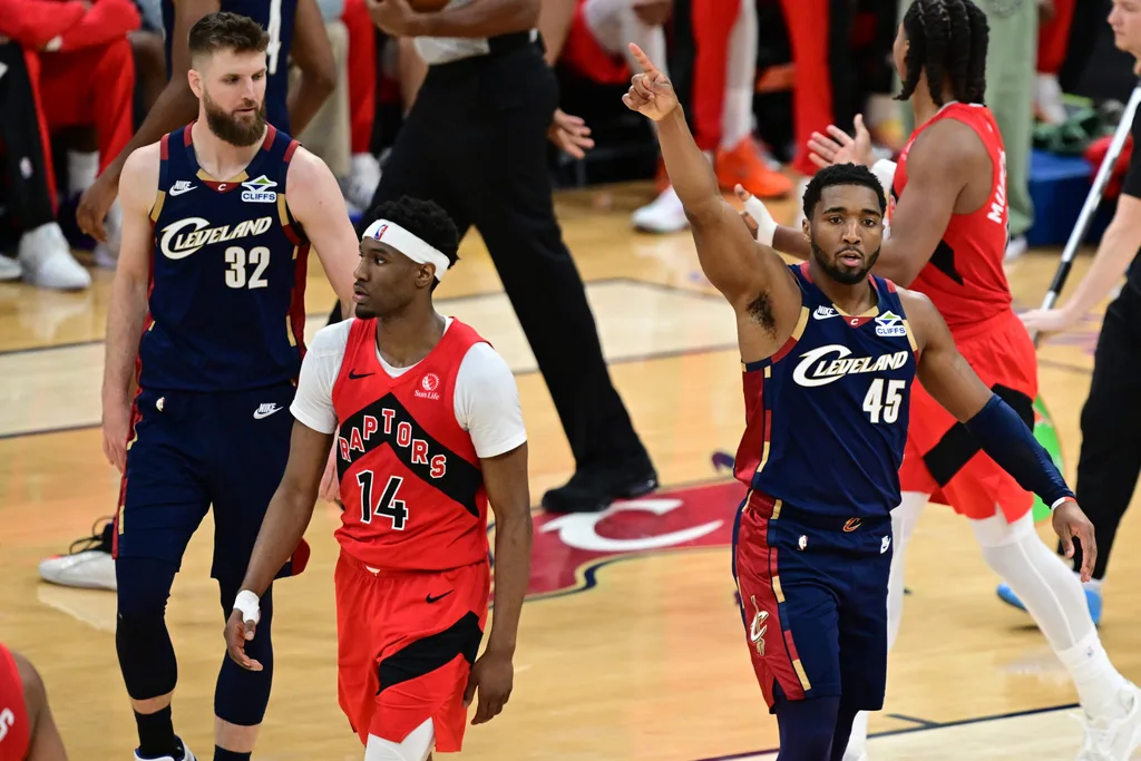 Apr 20, 2026; Cleveland, Ohio, USA; Cleveland Cavaliers guard Donovan Mitchell (45) reacts during the second half during game two of the first round of the 2026 NBA Playoffs against the Toronto Raptors at Rocket Arena. Mandatory Credit: David Dermer-Imagn Images