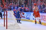 Apr 20, 2026; Edmonton, Alberta, CAN; Edmonton Oilers center Leon Draisaitl (29)  with right winger Kasperi Kapanen (42) celebrate a goal as Anaheim Ducks right winger Beckett Sennecke (45) skates past in game one of the first round of the 2026 Stanley Cup Playoffs during the first period at Rogers Place. Mandatory Credit: Walter Tychnowicz-Imagn Images