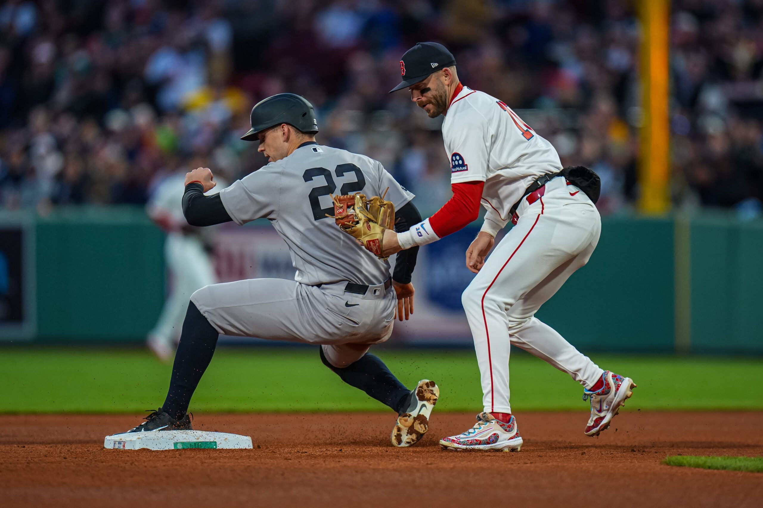 Apr 21, 2026; Boston, Massachusetts, USA; New York Yankees first baseman Ben Rice (22) out at second base by Boston Red Sox shortstop Trevor Story (10) in the fourth inning at Fenway Park. Mandatory Credit: David Butler II-Imagn Images