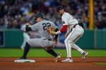 Apr 21, 2026; Boston, Massachusetts, USA; New York Yankees first baseman Ben Rice (22) out at second base by Boston Red Sox shortstop Trevor Story (10) in the fourth inning at Fenway Park. Mandatory Credit: David Butler II-Imagn Images